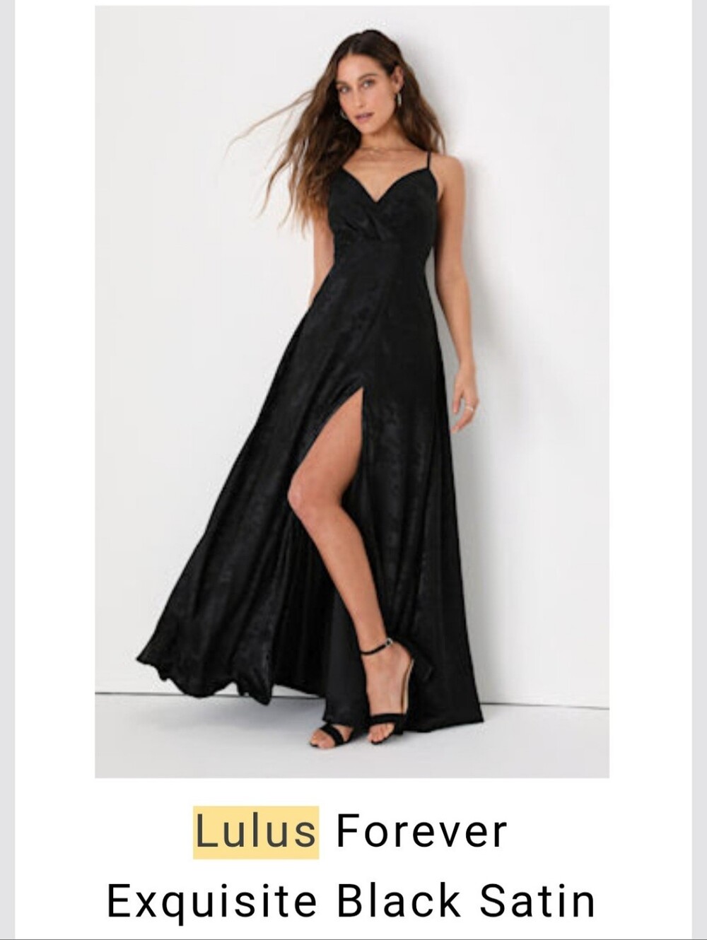 Lulu's Black Satin Spaghetti-Strap Maxi Dress with Thigh Slit